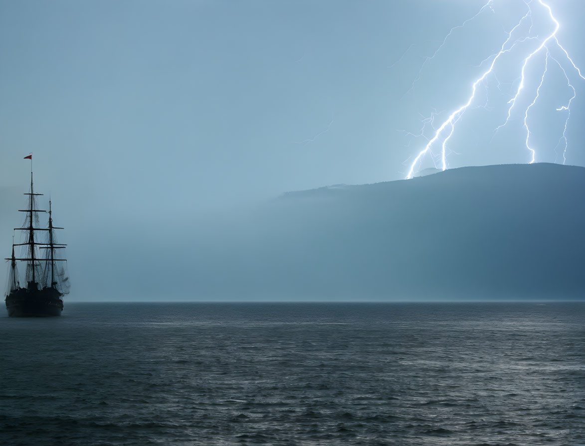 Sailing ship in mist at sea with lightning bolts in storm