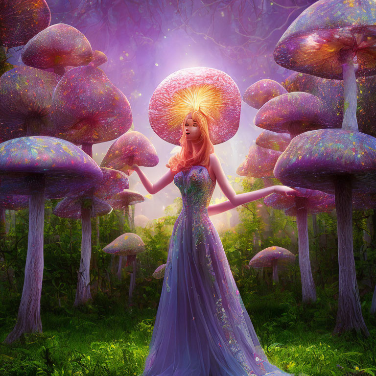 Woman in flowing dress surrounded by iridescent mushrooms in mystical forest