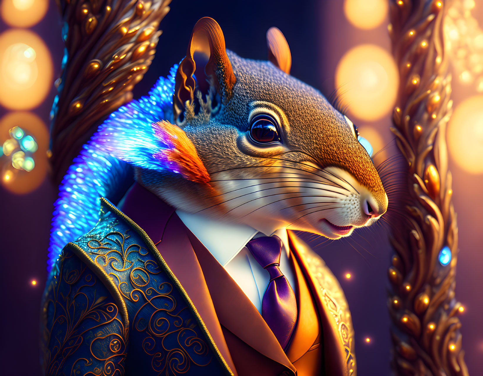 Elegant anthropomorphic squirrel in illuminated suit.