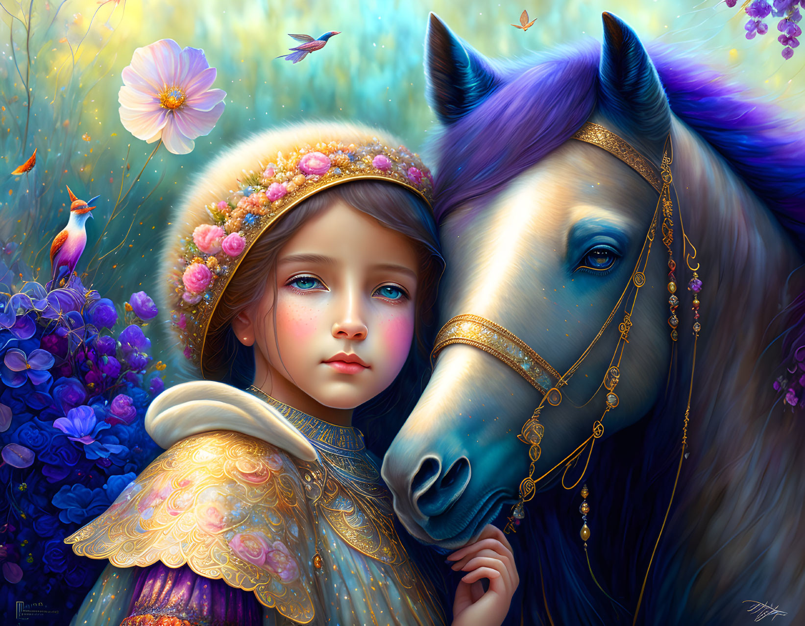 Medieval-themed portrait of a young girl with a majestic horse in a vibrant, dreamlike setting