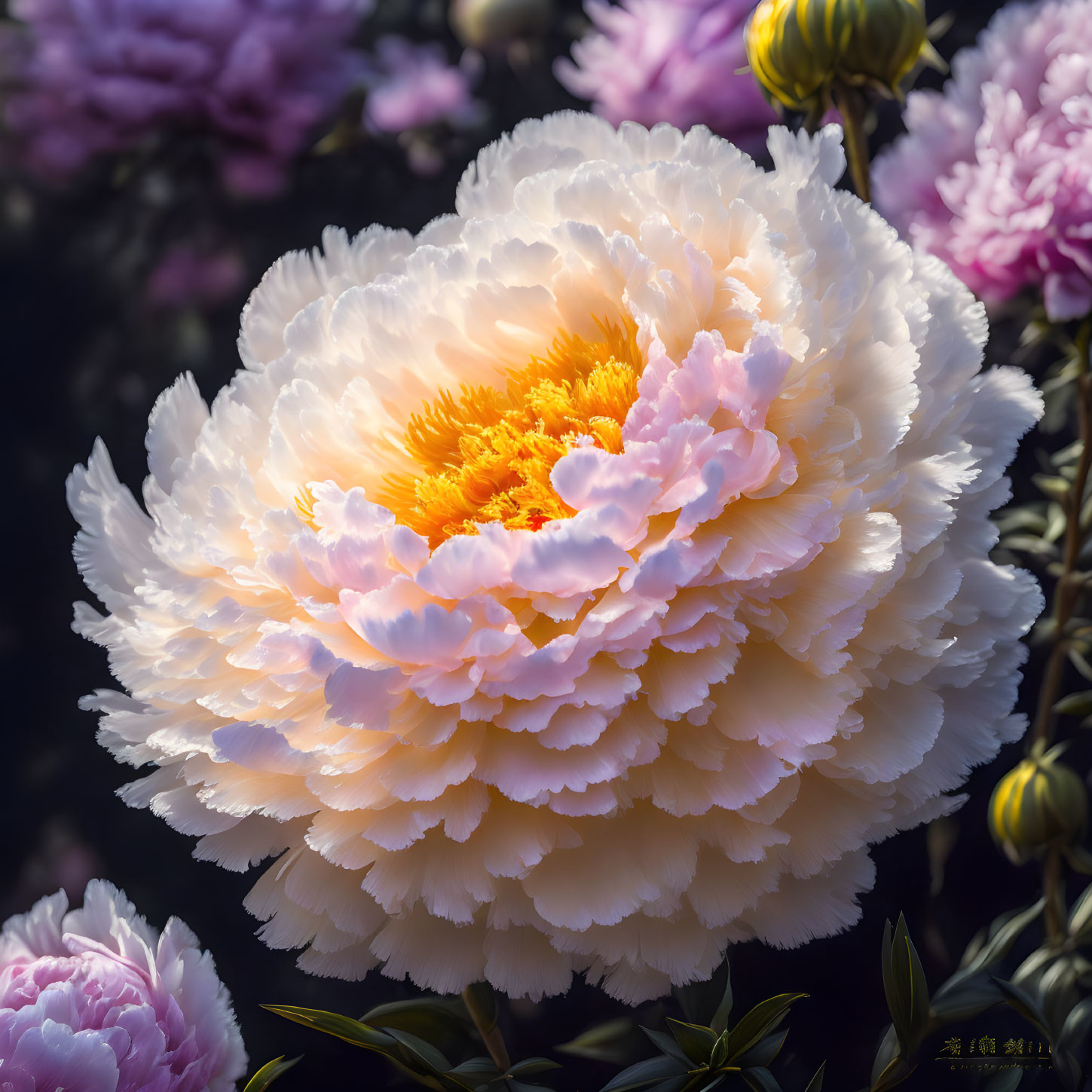 Close-up shot of vibrant pink and white peony with layered petals and bright yellow center on dark background