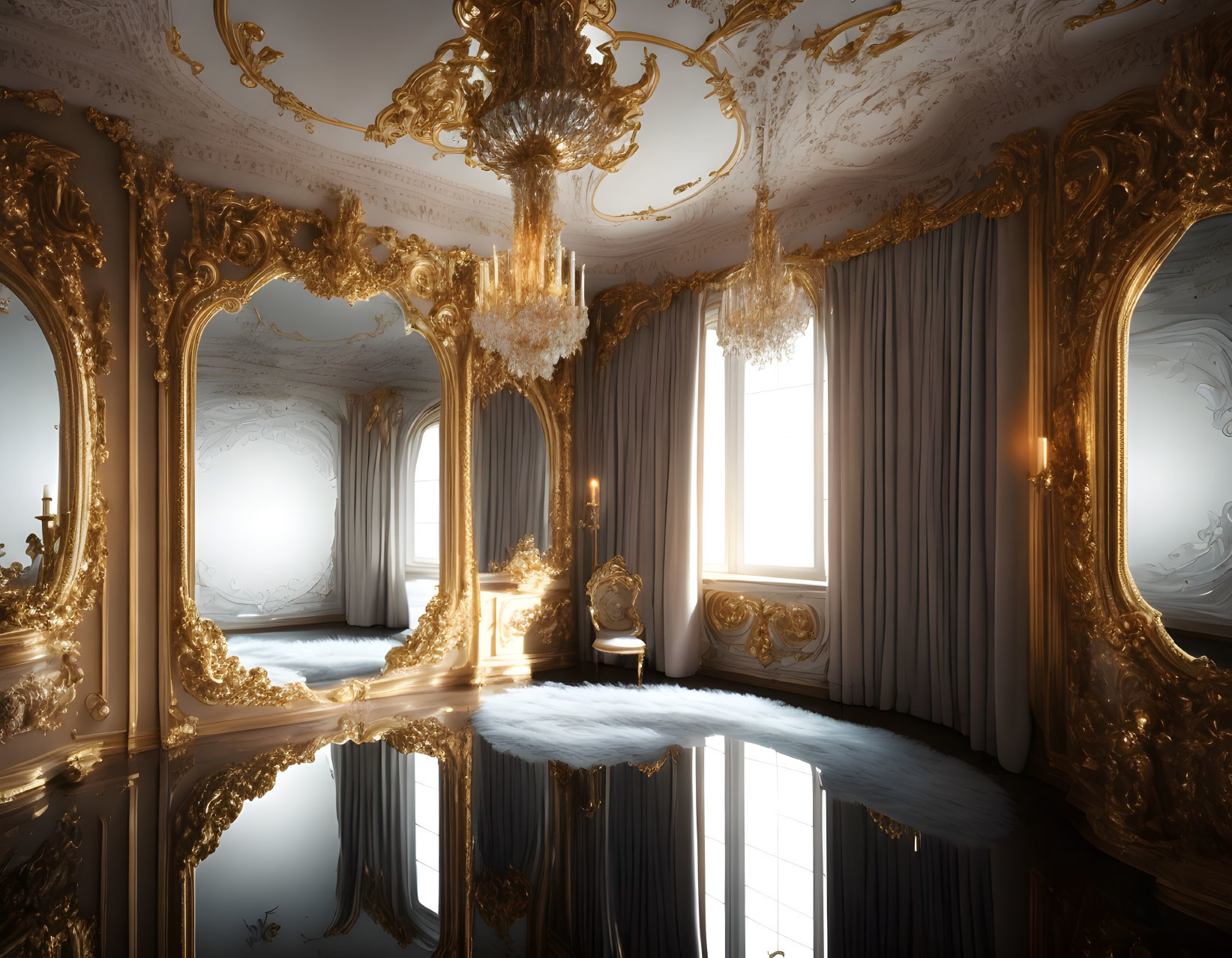 Luxurious Baroque-style Room with Golden Walls and Chandeliers