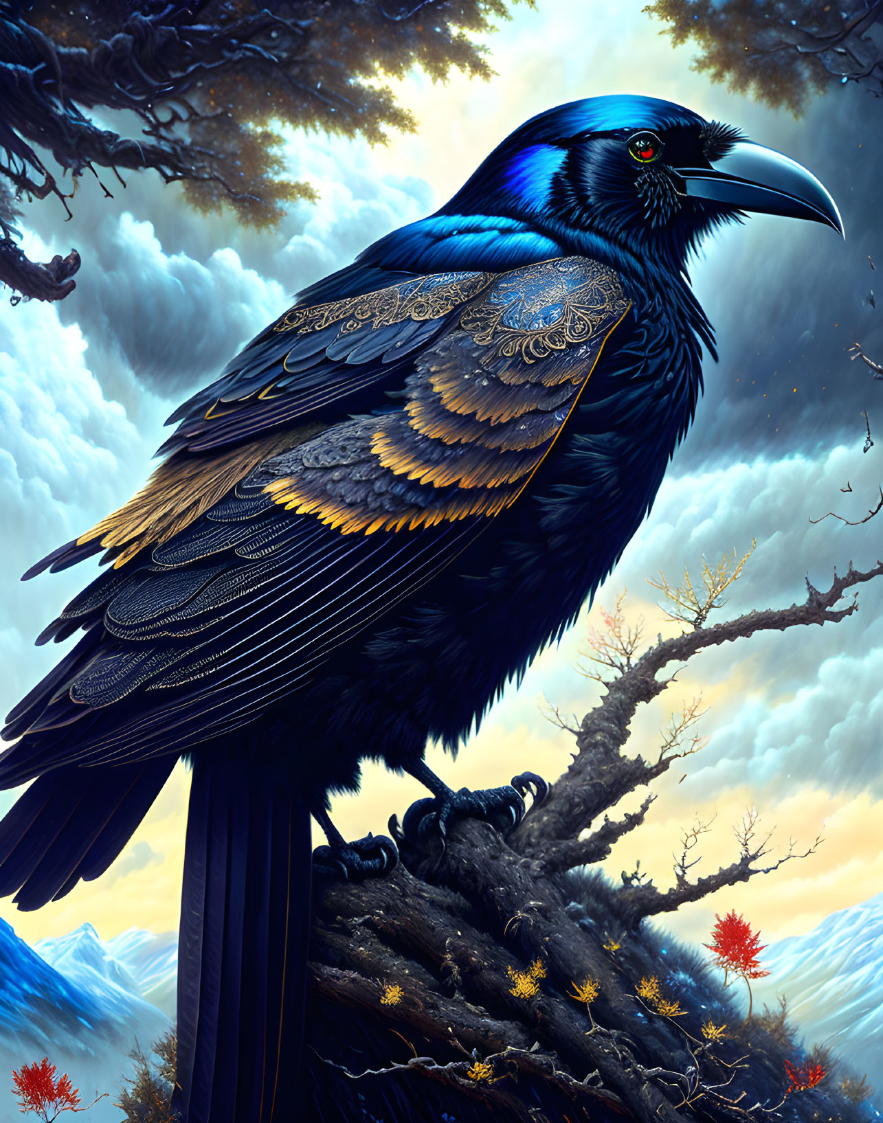 Majestic raven perched on branch in dramatic setting