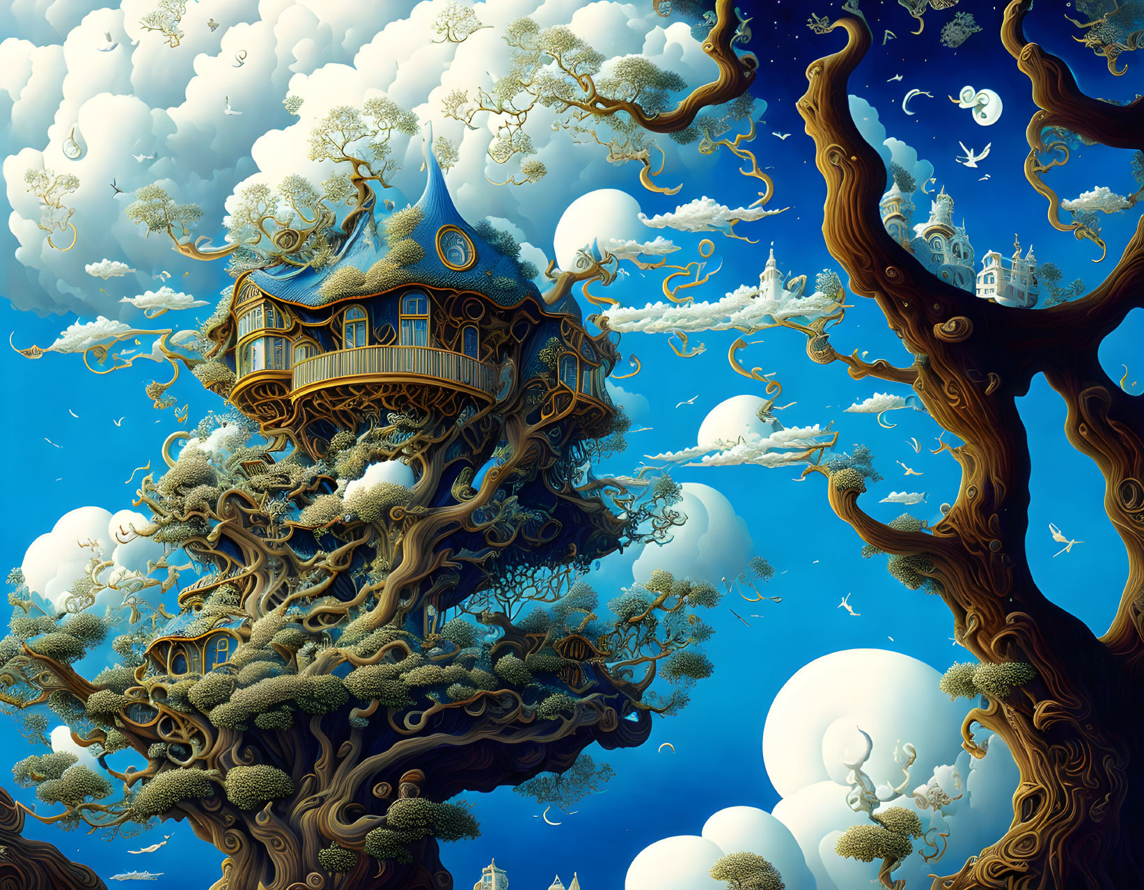 Illustration of treehouse in surreal sky