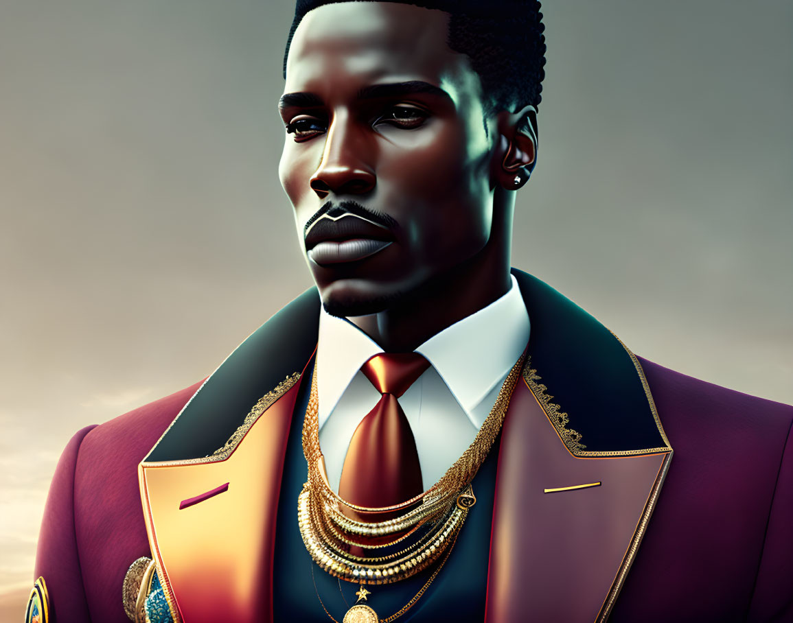 Digital artwork featuring man in suit with tie and gold chains