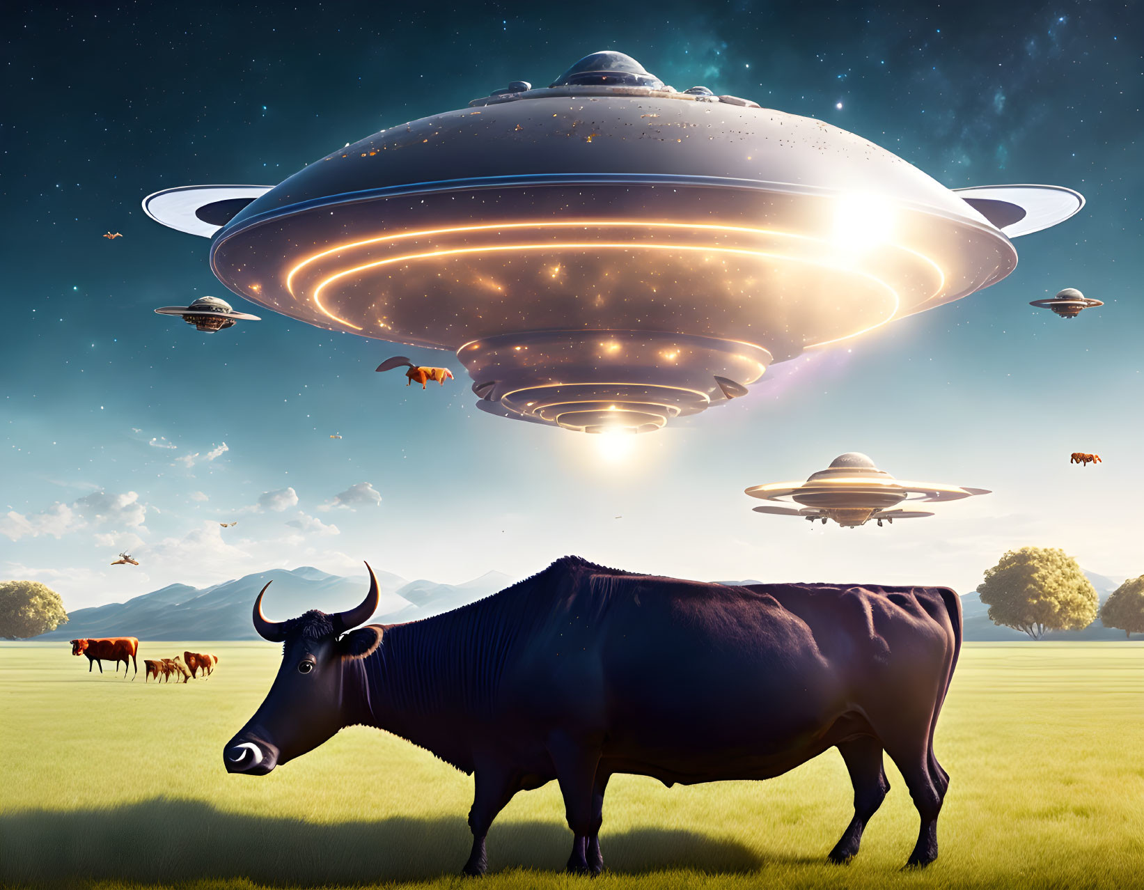 Cow in field under illuminated UFO in clear sky