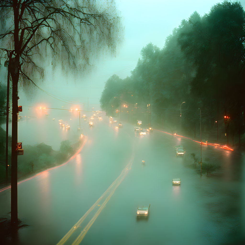 Misty Dusk Street Scene with Glowing Streetlights and Weeping Willow