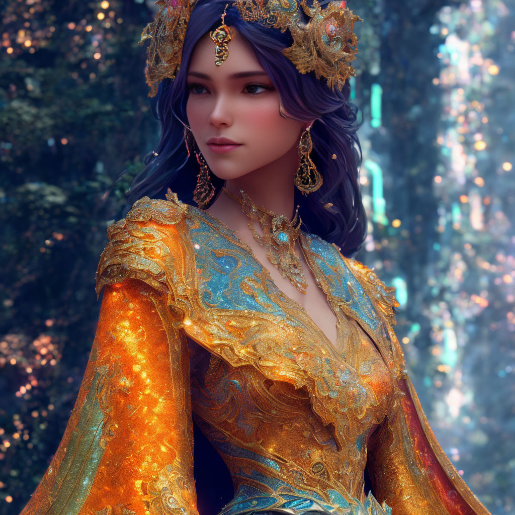 Woman with Blue Hair in Golden Headdress and Dress in Mystical Forest