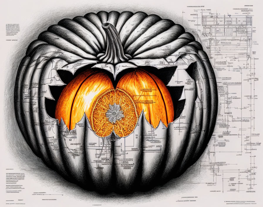 Detailed Pumpkin Cross-Section with Mechanical Interior Schematics