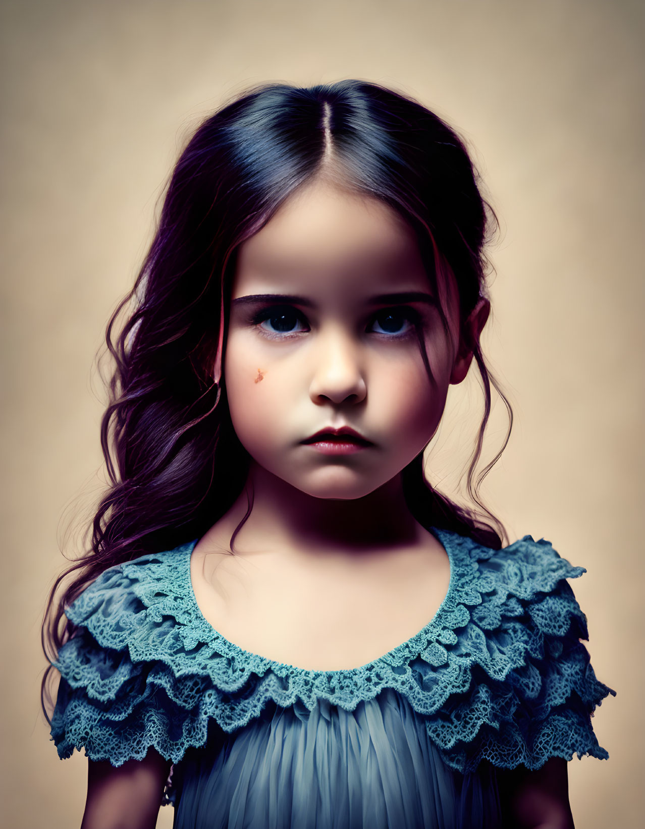 Young girl in blue lace dress with solemn expression and scrape on cheek