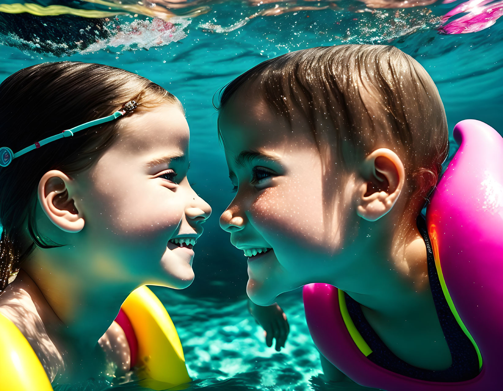 Children in swim gear smiling underwater in sunlit pool