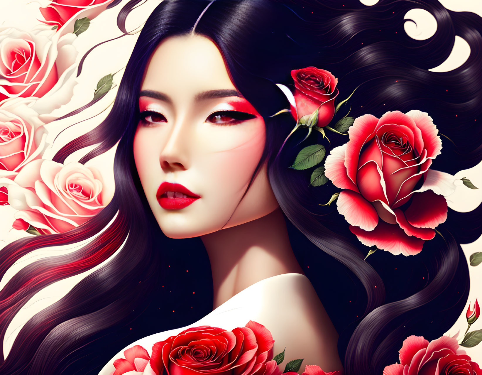 Digital artwork featuring woman with flowing hair, red lips, and roses