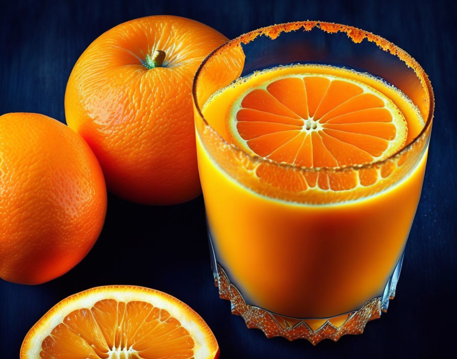 Fresh Orange Juice with Sugared Rim and Oranges on Dark Surface