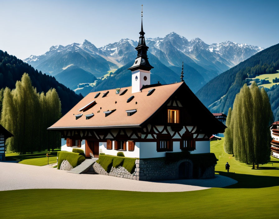 Alpine church with white facade and mountain backdrop