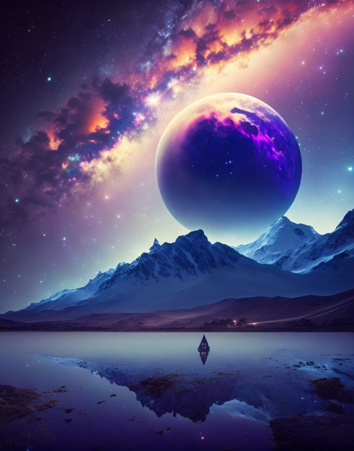 Snow-capped mountain range, serene lake, and giant purple planet in surreal landscape