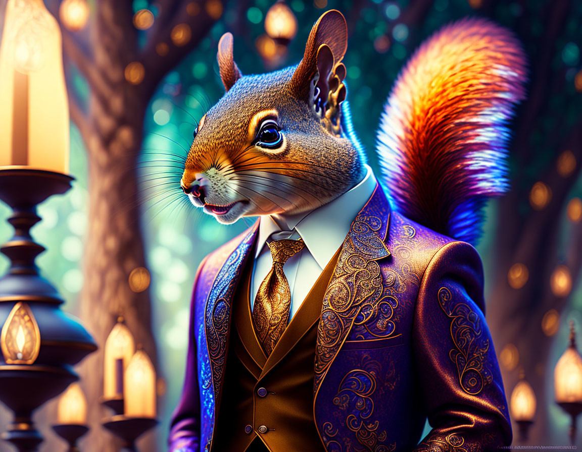 Anthropomorphic squirrel in elegant suit against candlelit forest backdrop