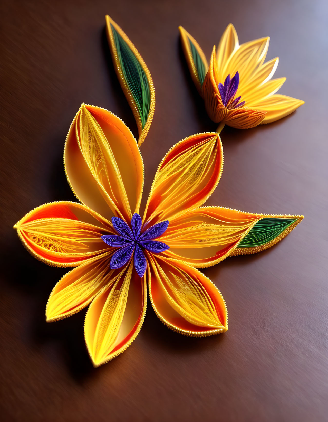 Vibrant Paper Quilling Flowers on Wooden Surface