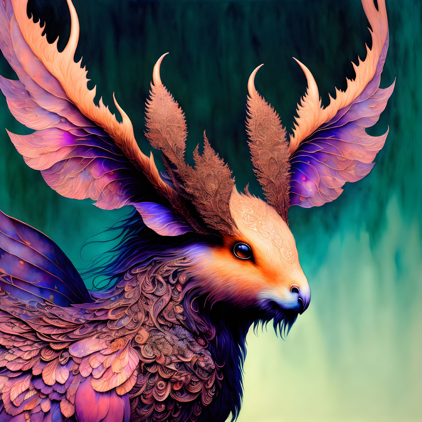 Mythical creature with fox face, feathered wings, and antler horns on teal background