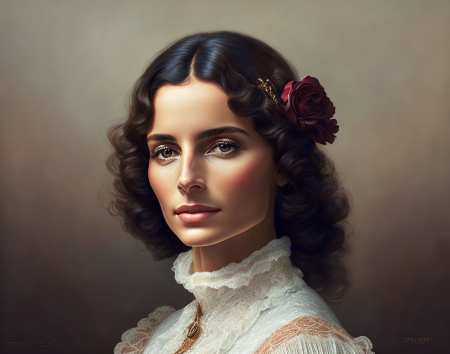 Portrait of woman with dark curly hair, pale skin, light eyes, white lace dress, red flower