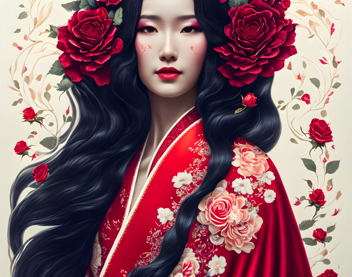 Digital artwork of woman with black hair, red roses, kimono, and floral background