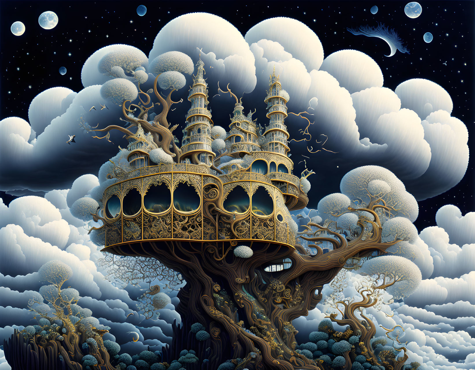 Golden castle on tree with spires, clouds, orbs, starry sky