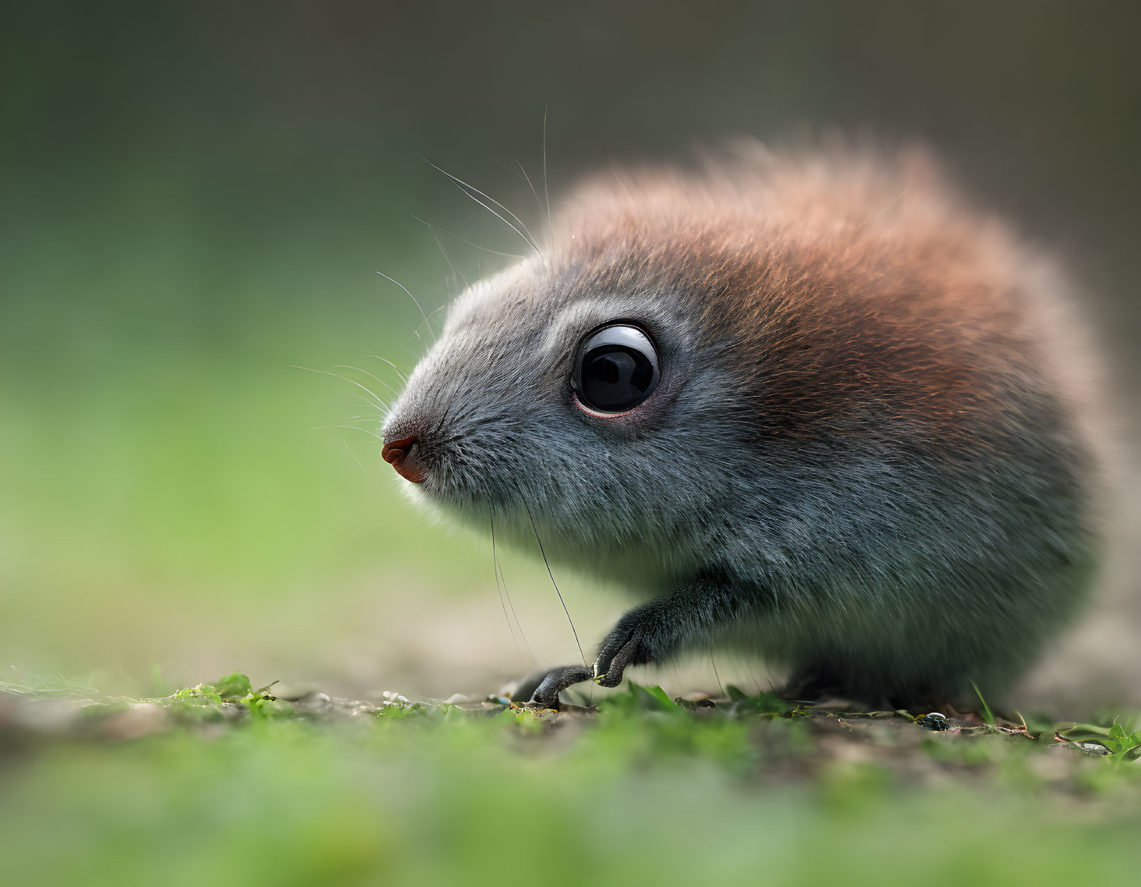 Fluffy round animal with big eye on green backdrop