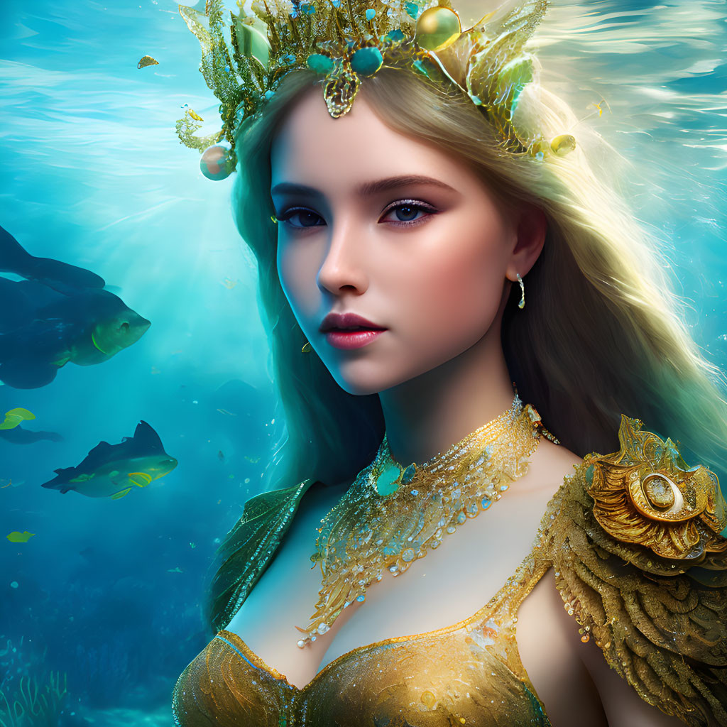 Royal woman with golden crown and oceanic attire submerged in water with fish.