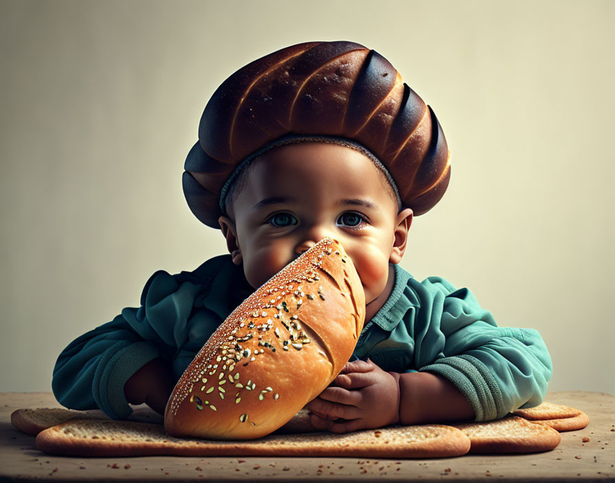 Baby with Bread Hat Biting Sesame Roll on Table