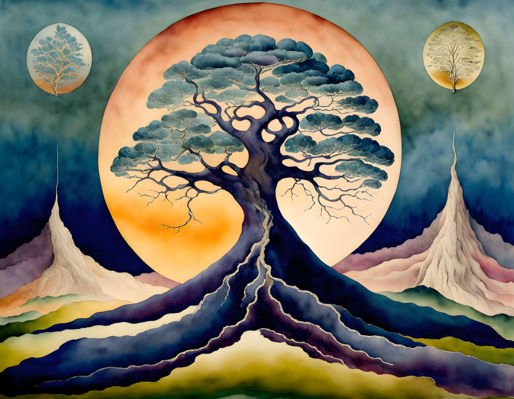 Majestic tree painting with vivid sunset, mountains, and leaf motifs