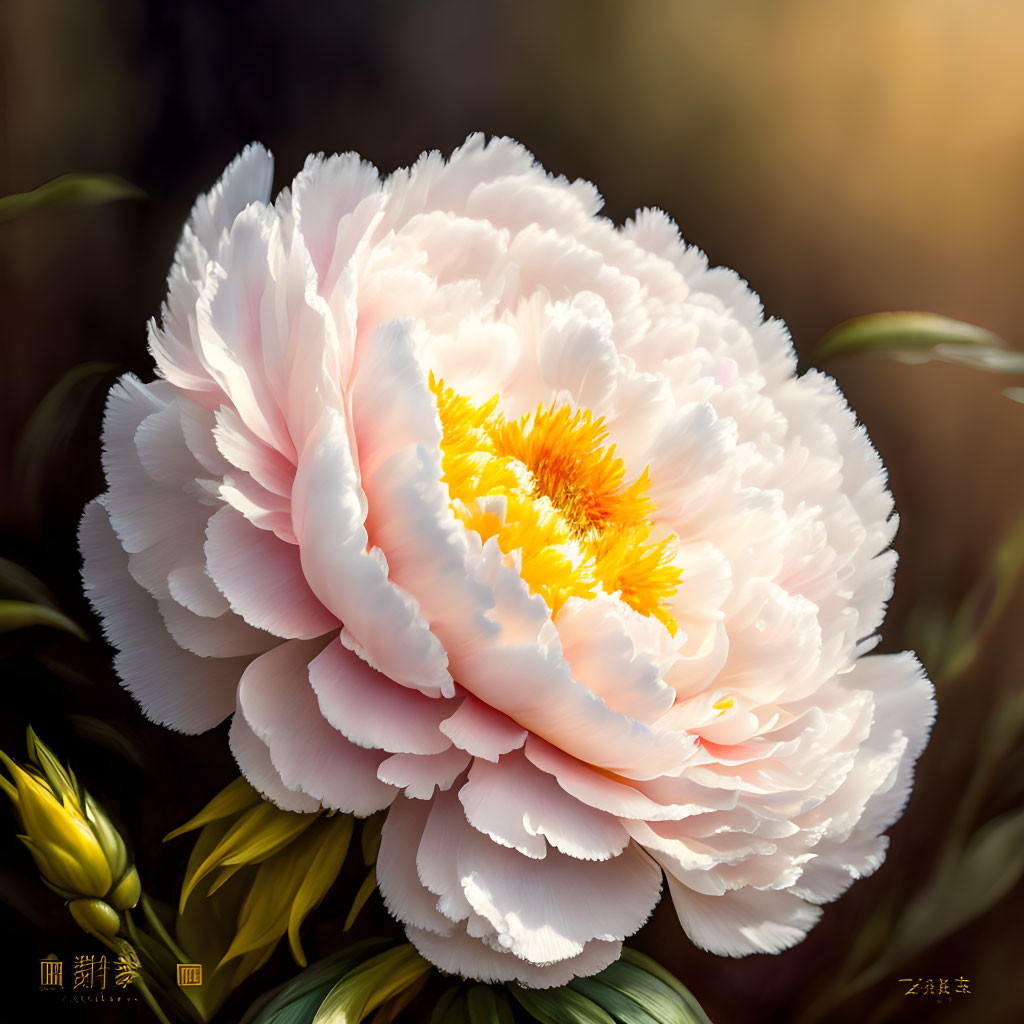 Pink and White Peony Illustration with Golden Center