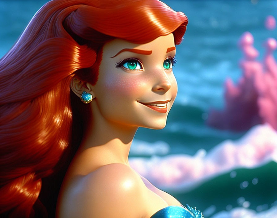 Red-Haired Animated Character Smiling with Blue Earrings by Ocean Waves