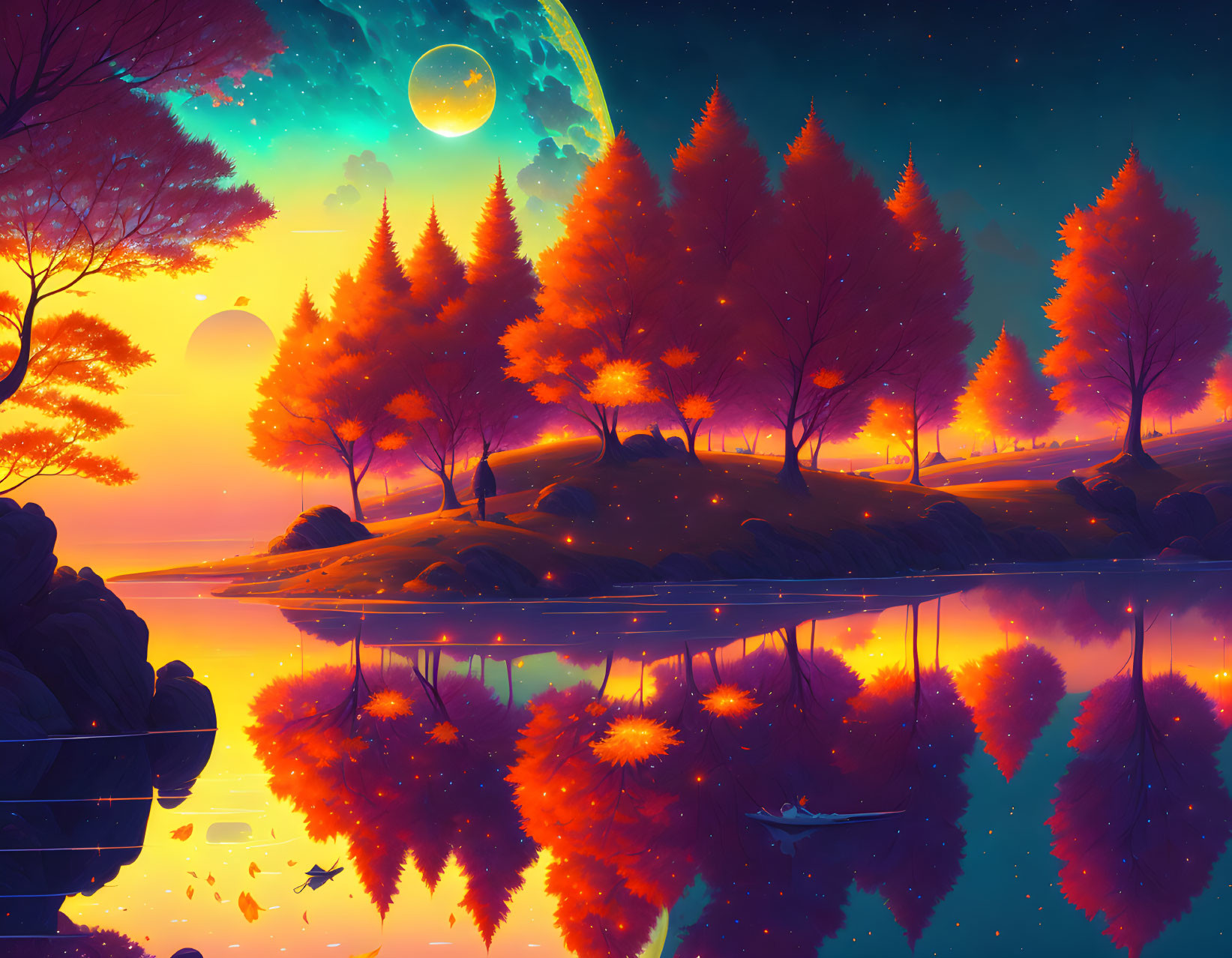 Fantasy landscape with orange-red trees, tranquil lake, starry sky, moon, and second planet