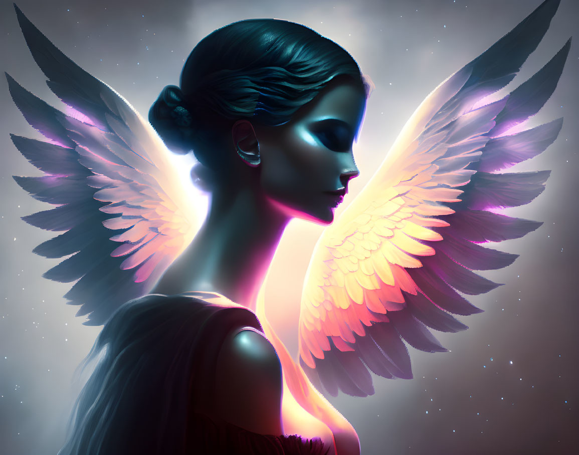 Illustration of woman with multicolored angel wings in ethereal setting