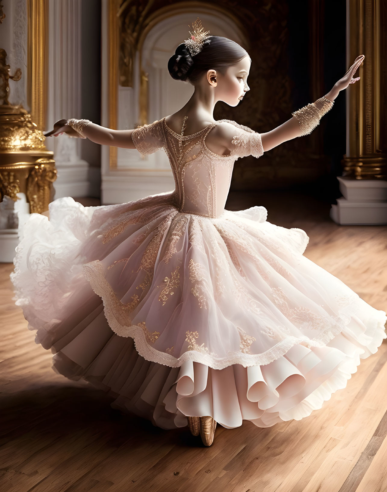 Elegant ballerina in cream tutu dances in grand room