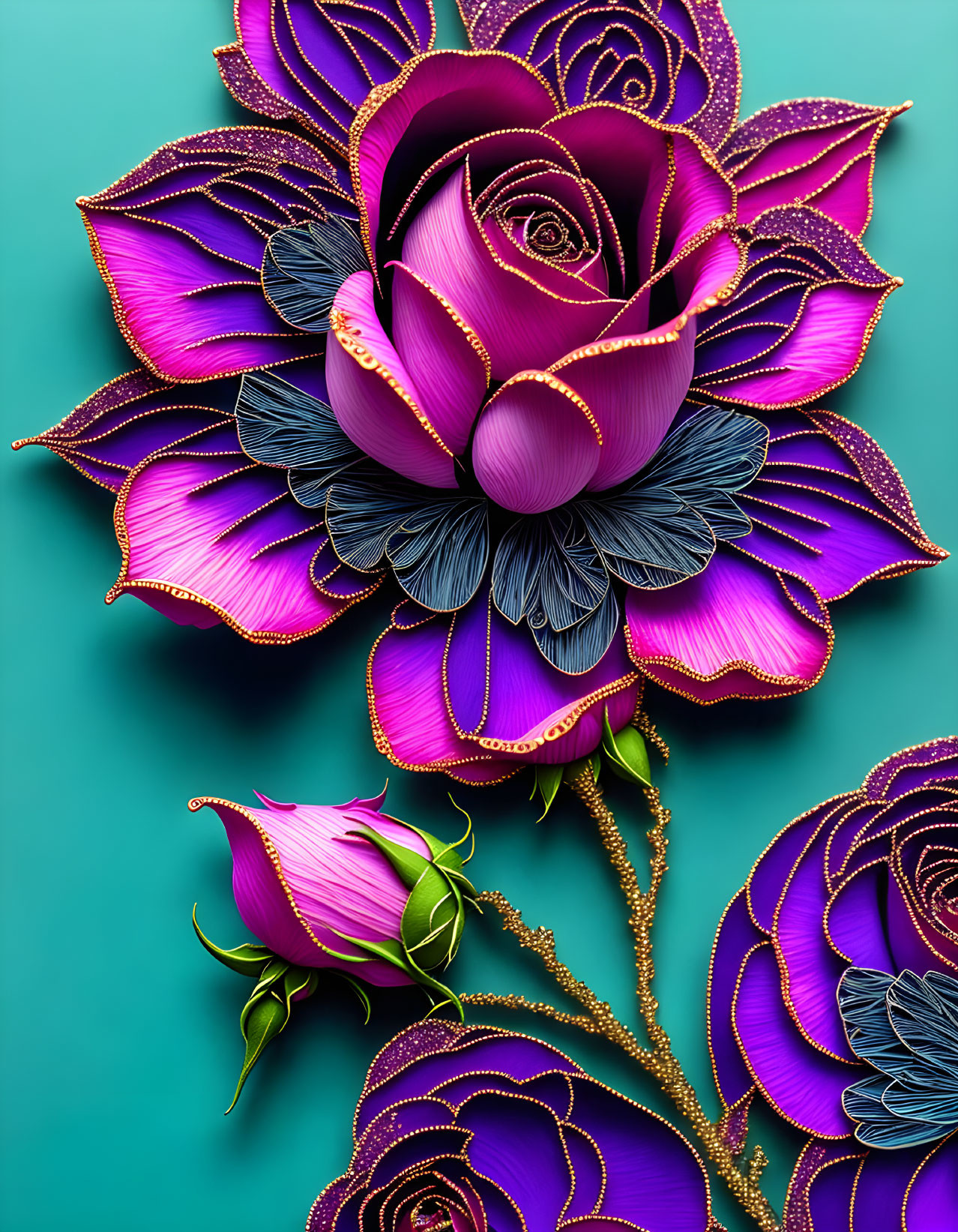 Three-Dimensional Purple Roses with Golden Accents on Teal Background