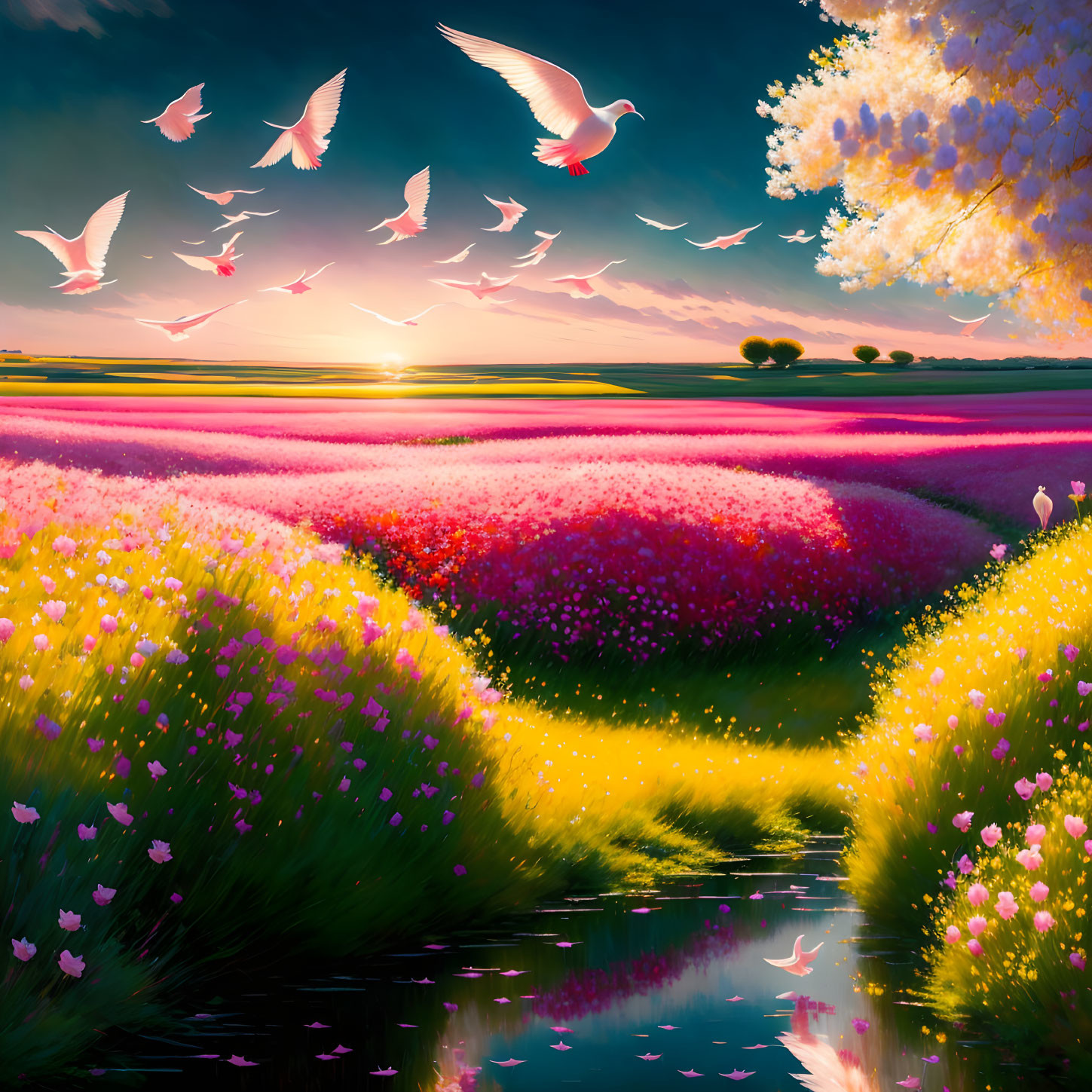 Colorful sunset landscape with blooming flowers, serene river, birds, and vibrant sky