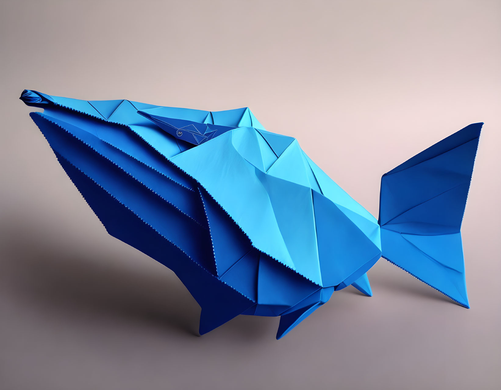 Blue Origami Fish with Geometric Design on Light Brown Background