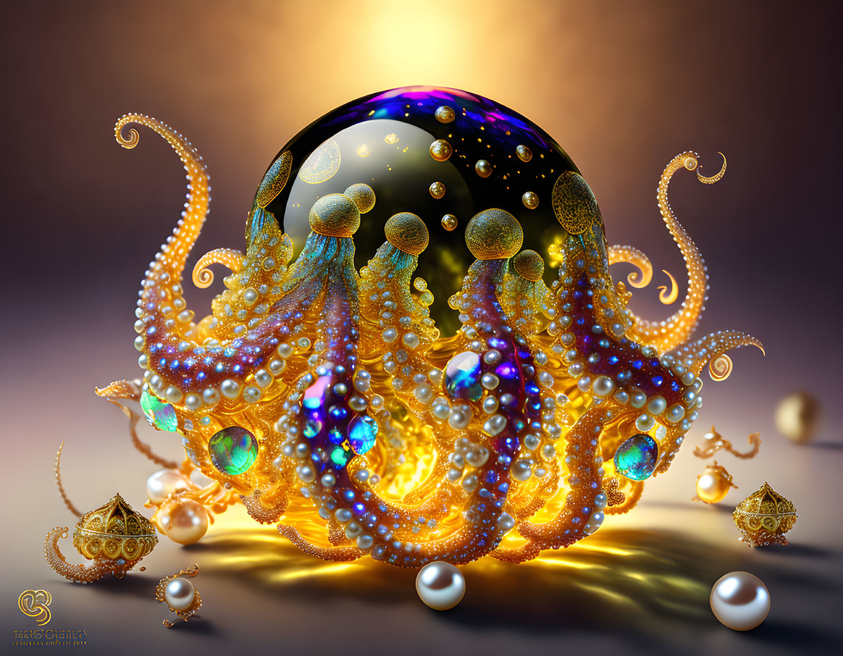 Luminous octopus with pearls and gems cradling black orb