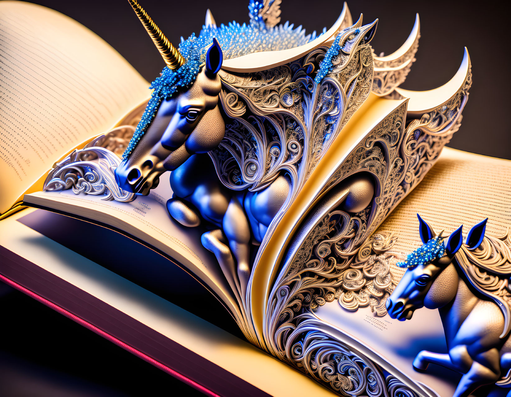 Sculptural book with unicorn figures on dark background