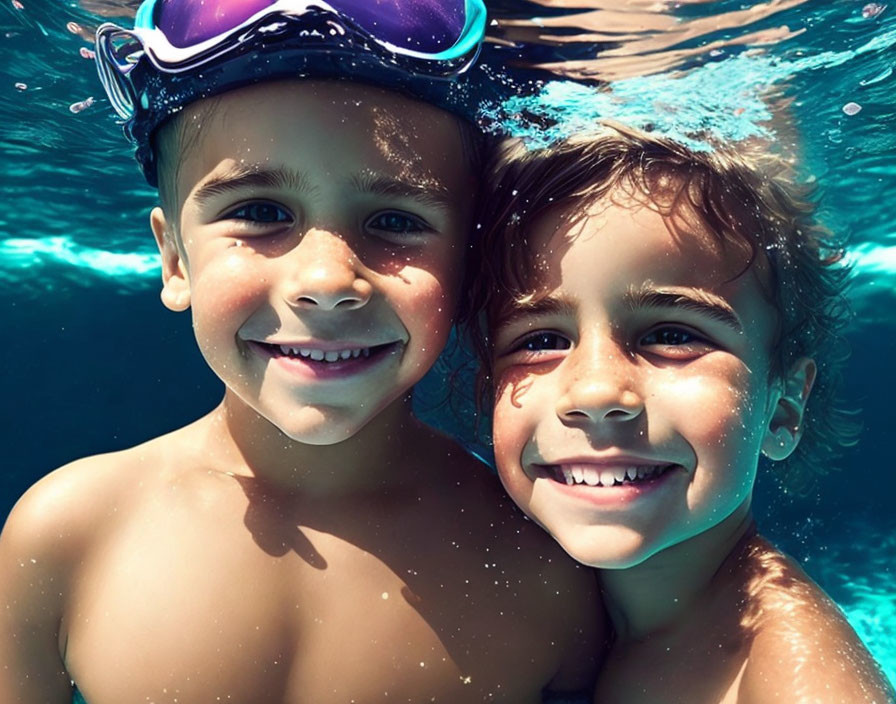 Smiling children with goggles in sunny swimming pool