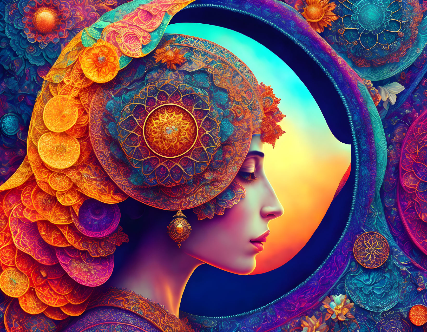 Colorful digital artwork: Woman profile with mandala patterns & crescent moon