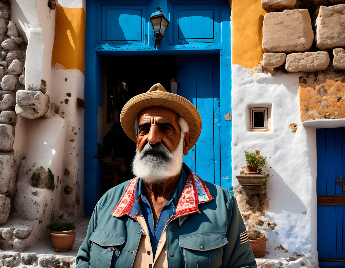 Elderly man with mustache in hat and jacket by traditional house with blue door and stone walls