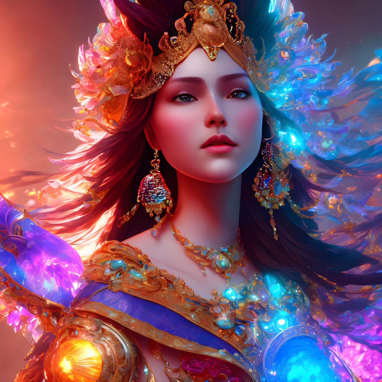 Digital portrait of woman in ornate gold armor with radiant crown, colorful feathers, against warm backdrop