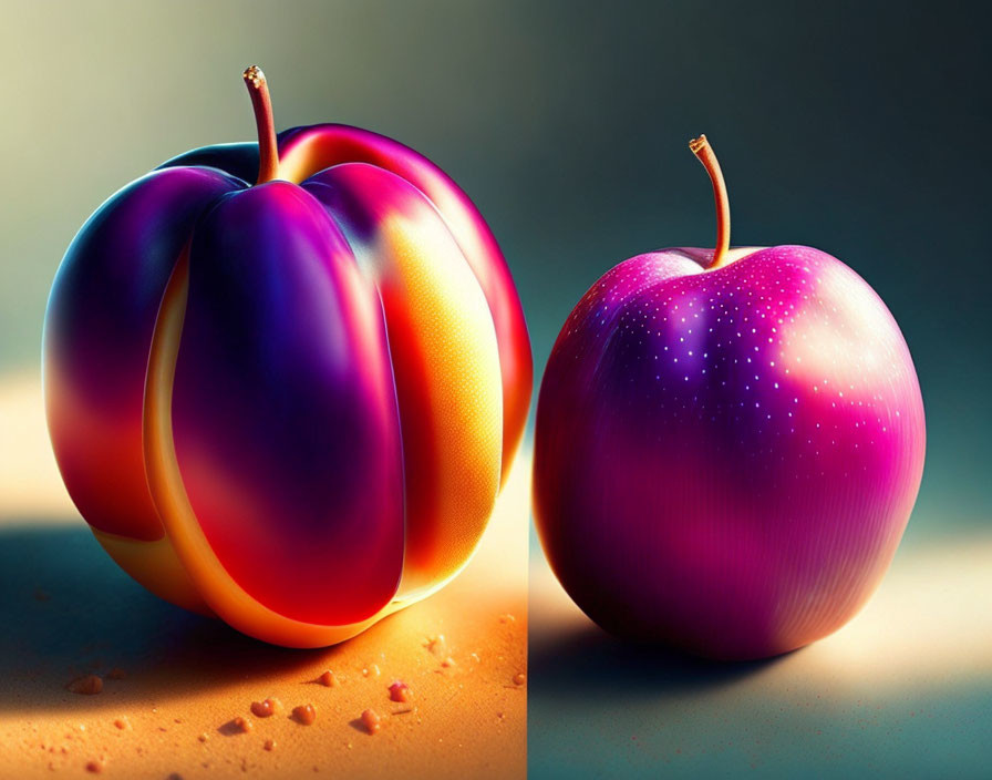 Vibrant gradient digitally rendered apples on shadowed surface