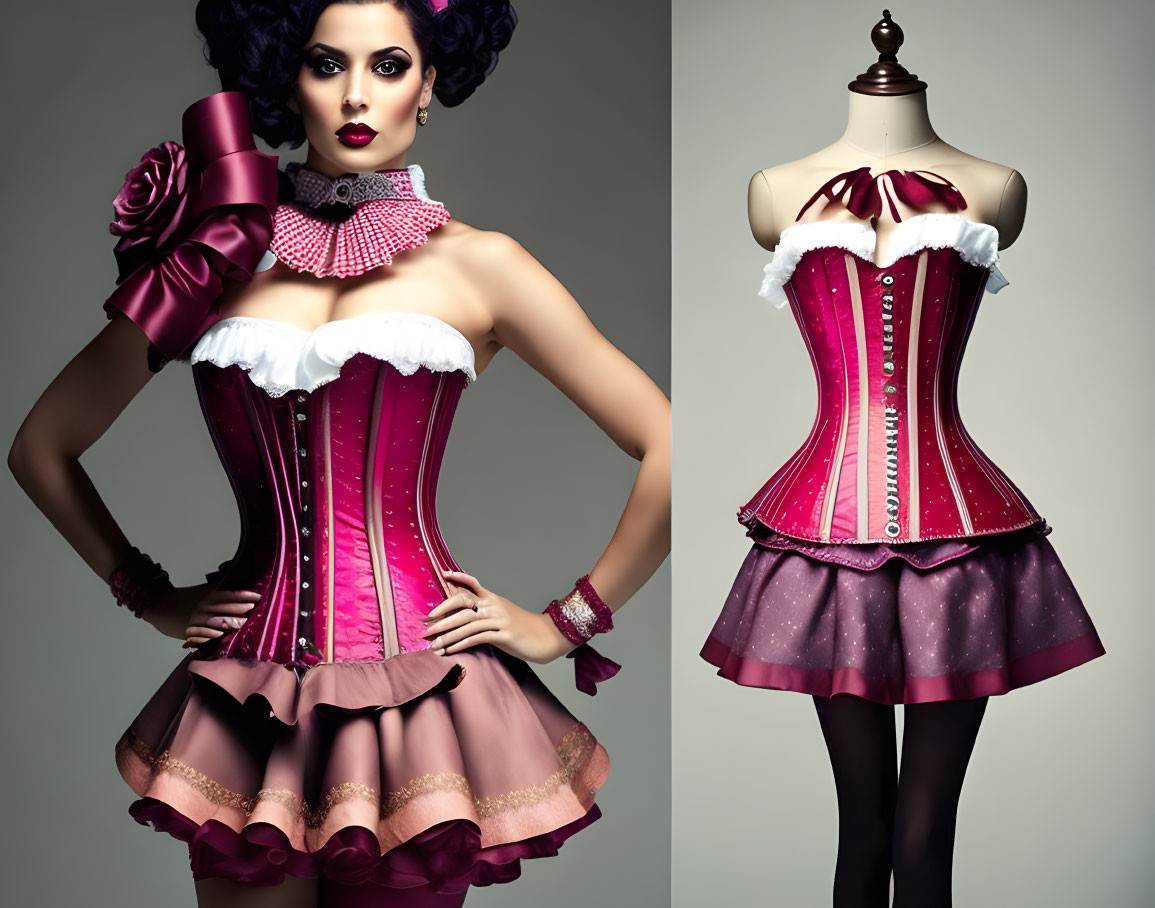 Whimsical corset dresses with ruffles and polka dots on mannequin and woman