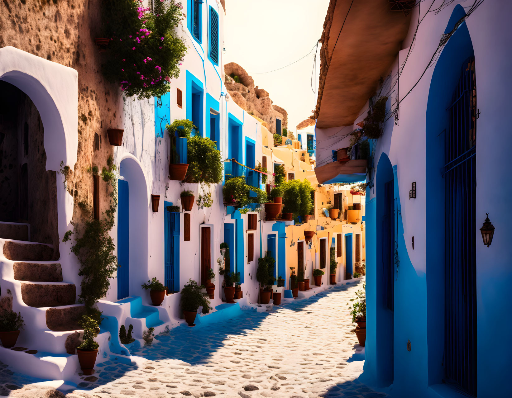 Picturesque cobblestone street with white-washed houses and blue accents