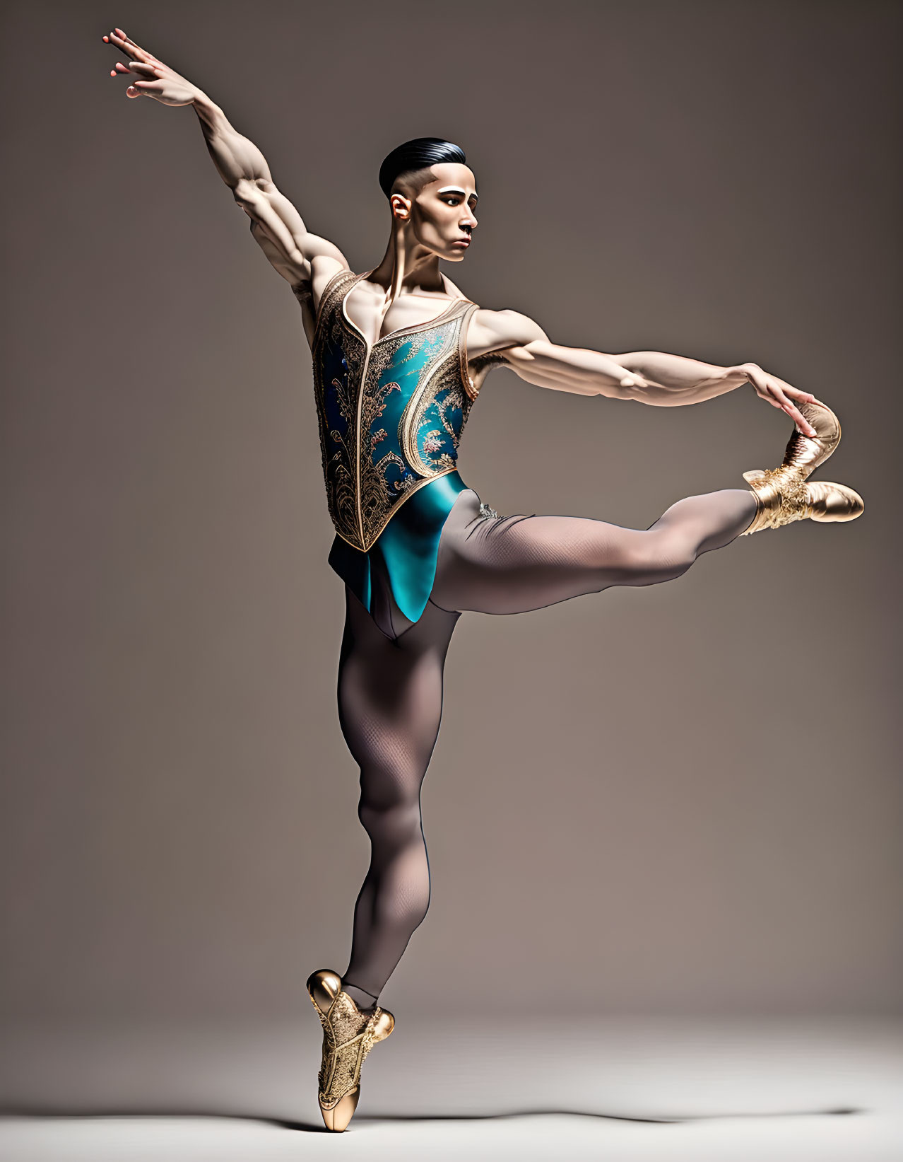 Ballet dancer in decorative costume performs dance pose on pointe