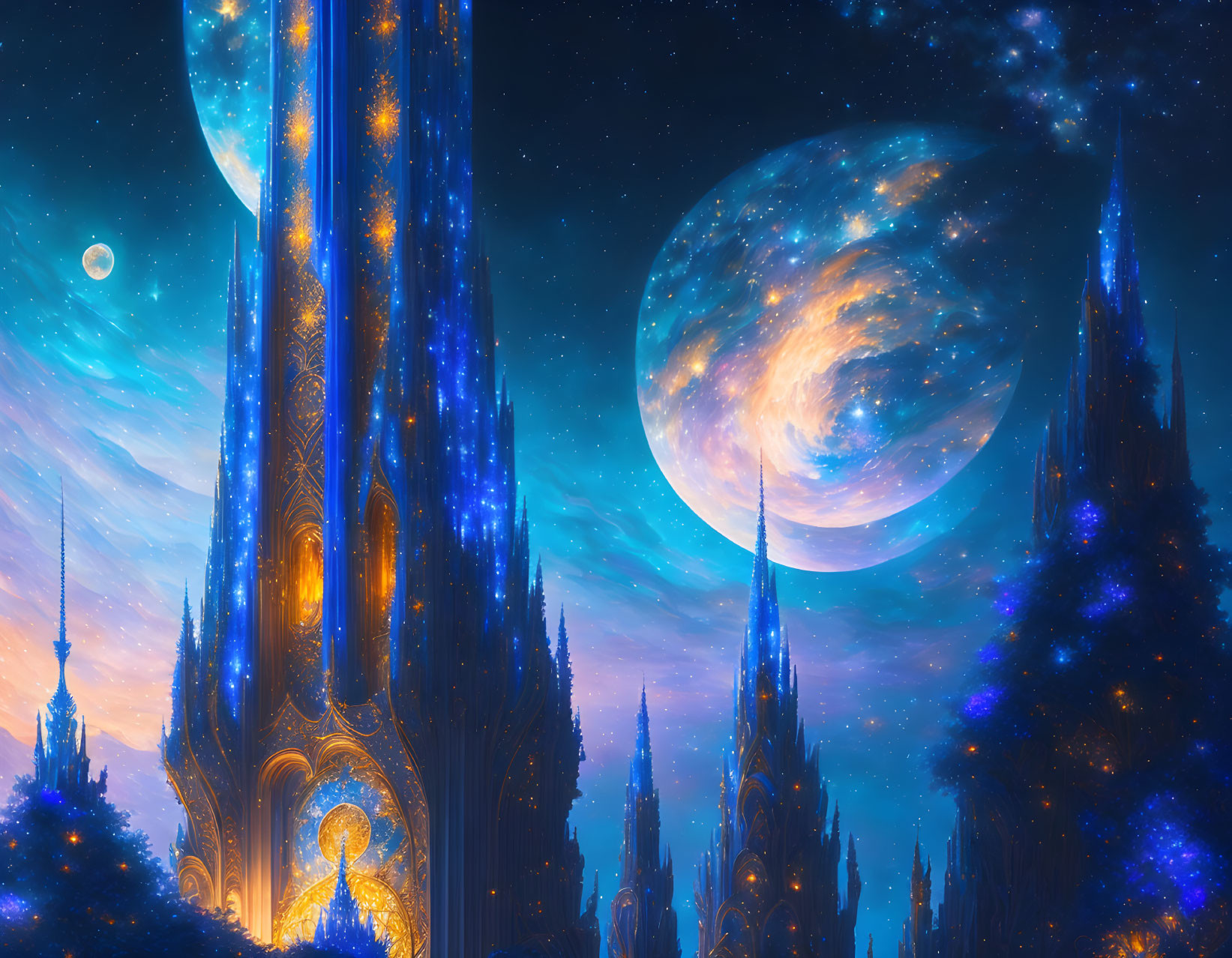 Glowing blue spires in cosmic landscape with planet, moon, and stars