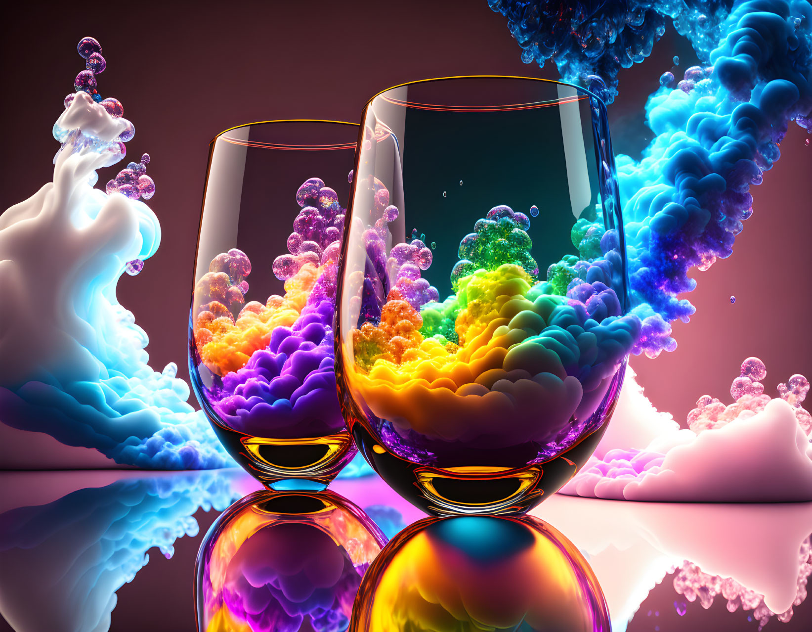 Colorful Swirling Liquid in Glasses on Reflective Surface