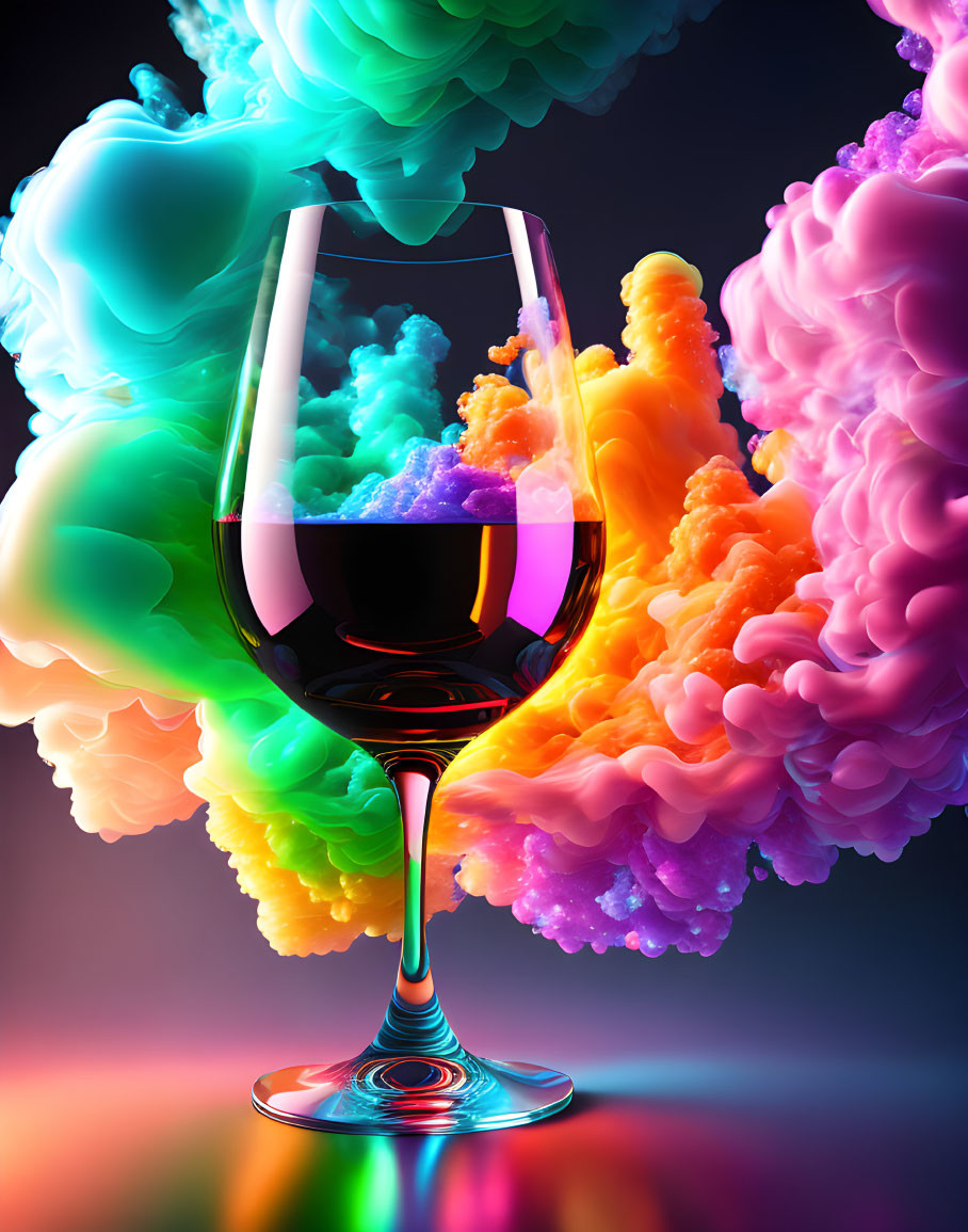 Vibrant multicolored smoke around red wine glass